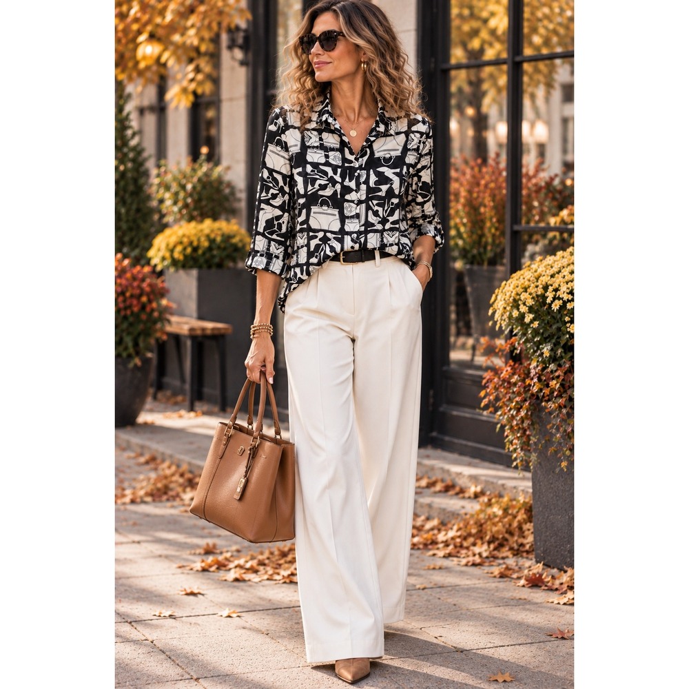 Alfred Dunner Black & White Button Down Blouse Size 12 - Heels/Purse Print